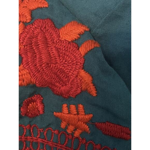 Soft Surroundings Bird Embroidered Midi Dress •M• Aztec Boho Kaftan Tassel Teal - Picture 9 of 13